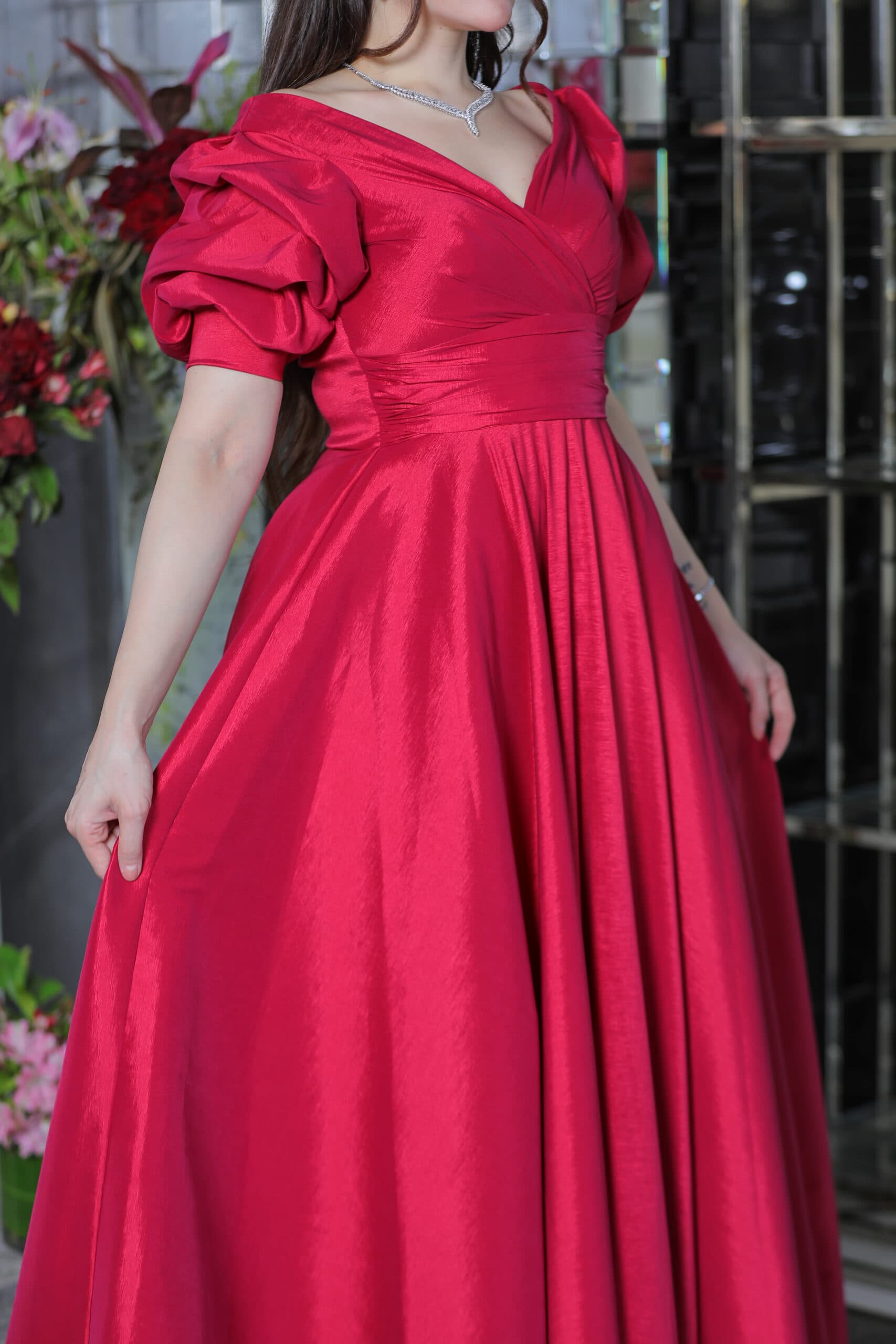 فستان سهره طويل باكمام بف احمر