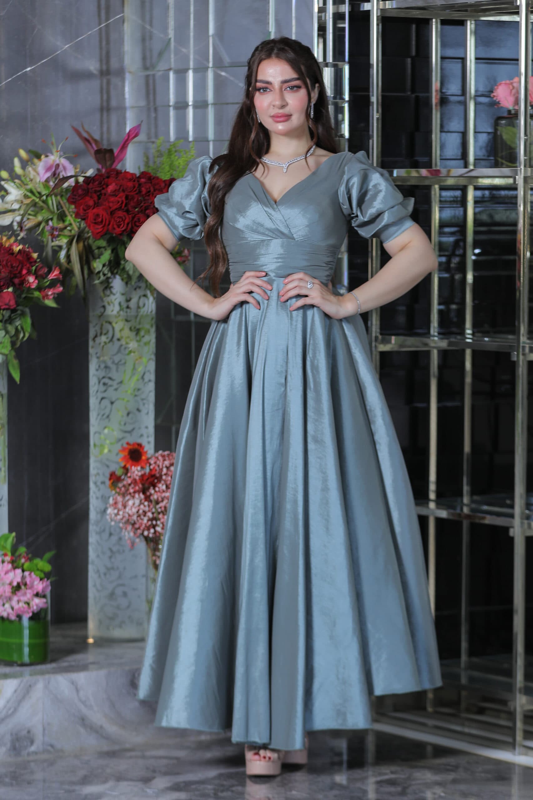 فستان سهره طويل باكمام بف