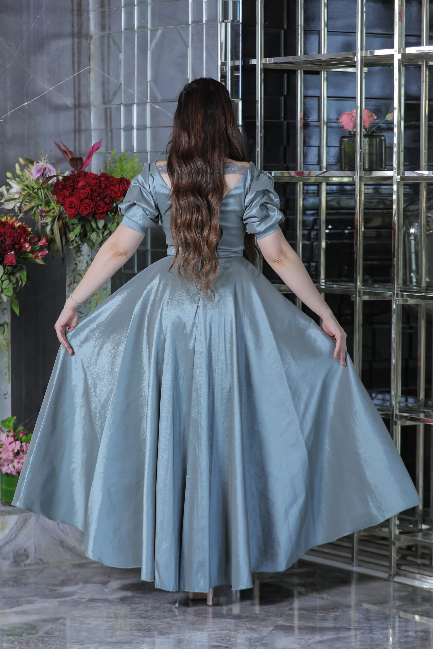 فستان سهره طويل باكمام بف